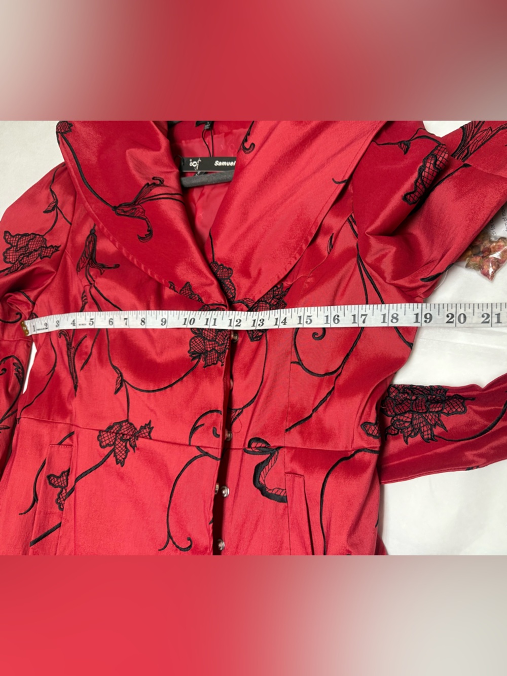 NWT 🔴Samuel Dong Red Satin Jacket with Black Label Detail🔴 - Picture 4 of 10